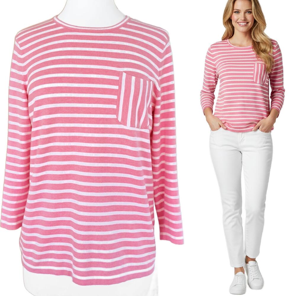 J McLaughlin Pink & White Stripe Cotton Sweater Small 3/4 SLeeve Crewneck Preppy
